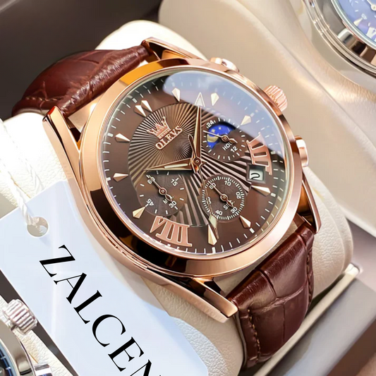 Men’s Luxury Chronograph Watch with Moon Phase and Leather Strap