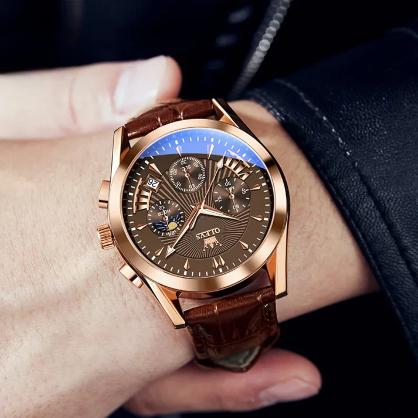 Men’s Luxury Chronograph Watch with Moon Phase and Leather Strap