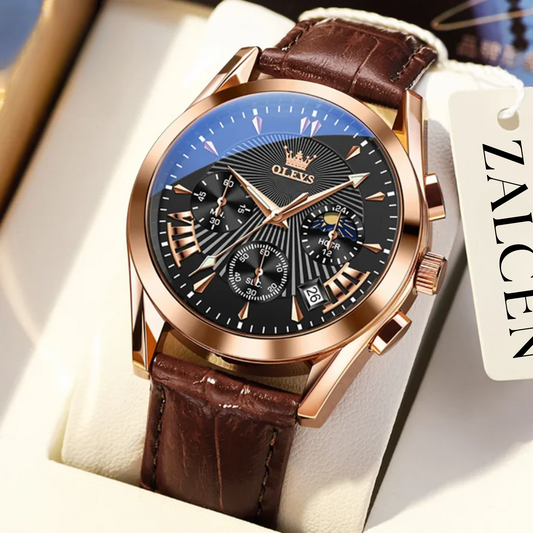 Men’s Luxury Chronograph Watch with Moon Phase and Leather Strap
