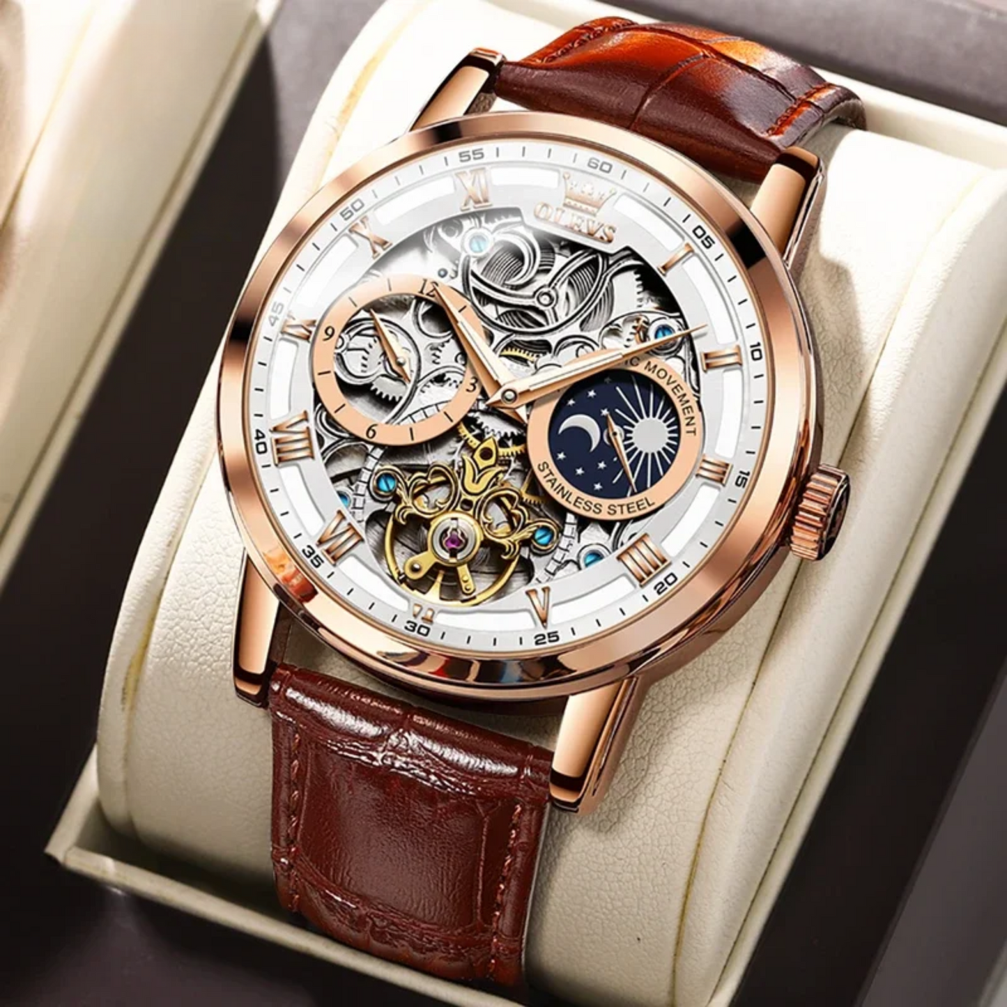 Luxury Mechanical Men’s Watch with Skeleton Design and Moon Phase