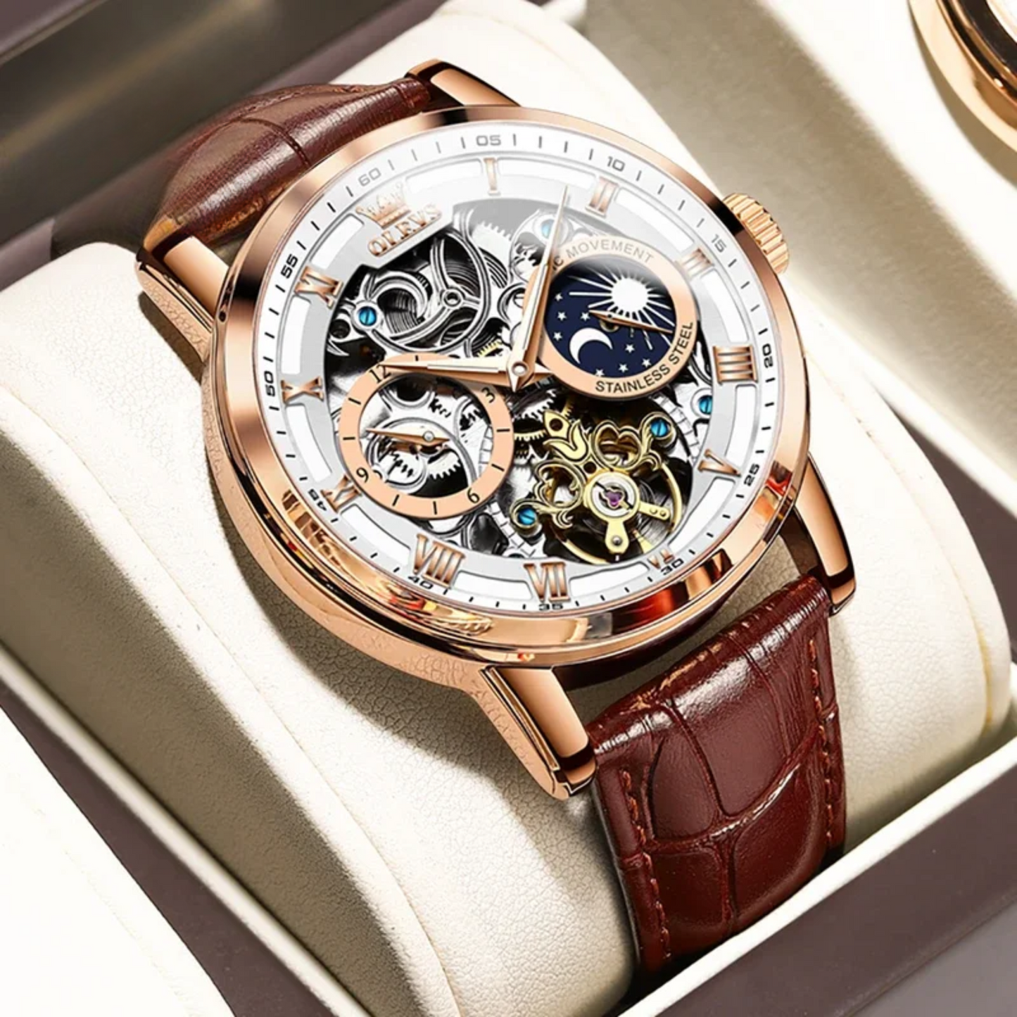 Luxury Mechanical Men’s Watch with Skeleton Design and Moon Phase