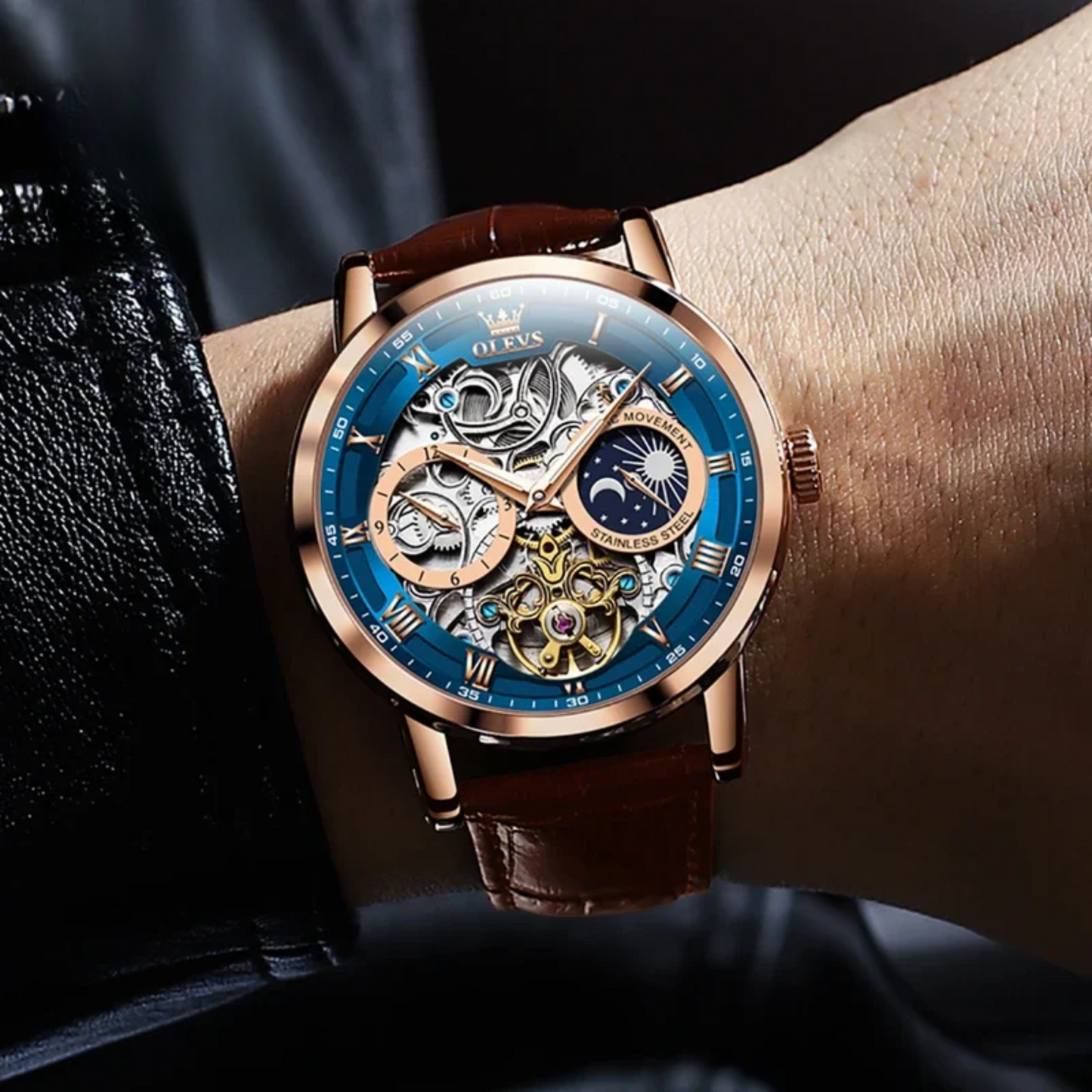 Luxury Mechanical Men’s Watch with Skeleton Design and Moon Phase