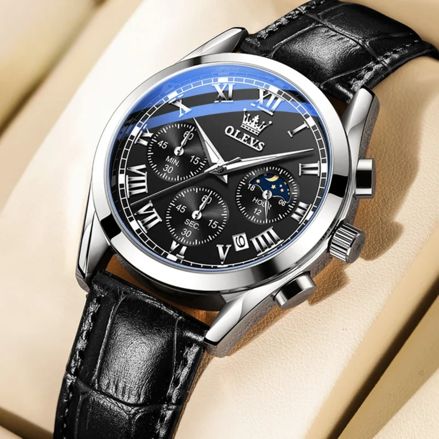 Luxury Men’s Watch with Calendar and Moon Phase Display