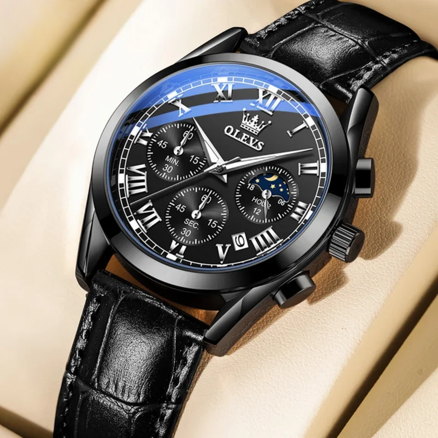 Luxury Men’s Watch with Calendar and Moon Phase Display