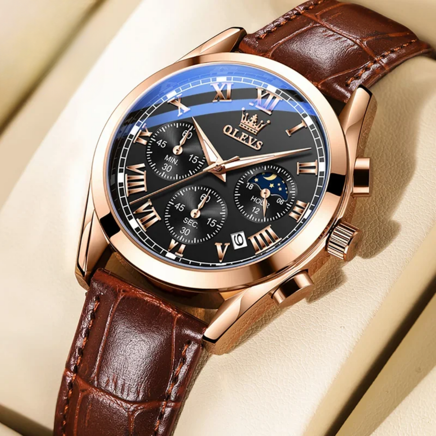 Luxury Men’s Watch with Calendar and Moon Phase Display