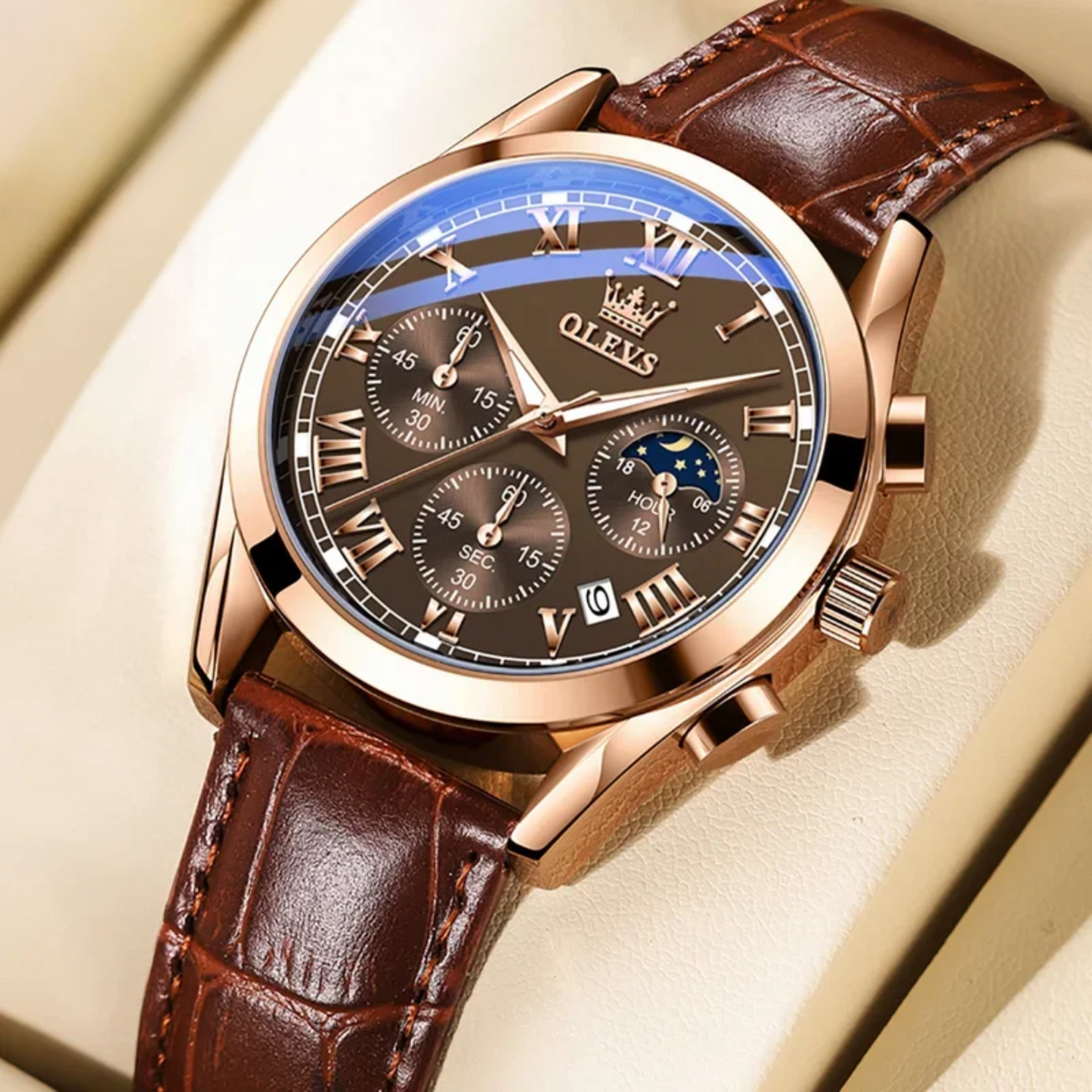 Luxury Men’s Watch with Calendar and Moon Phase Display