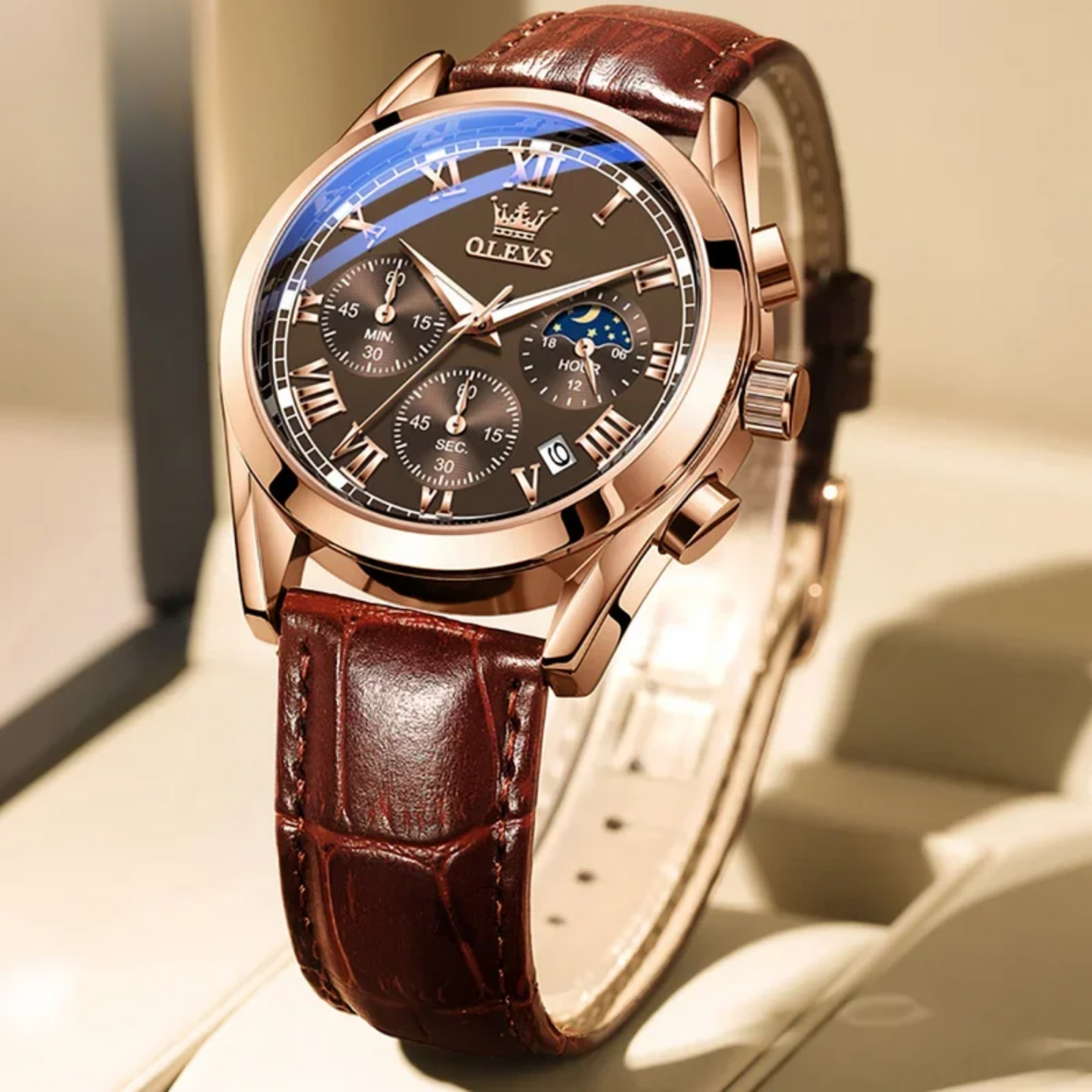 Luxury Men’s Watch with Calendar and Moon Phase Display