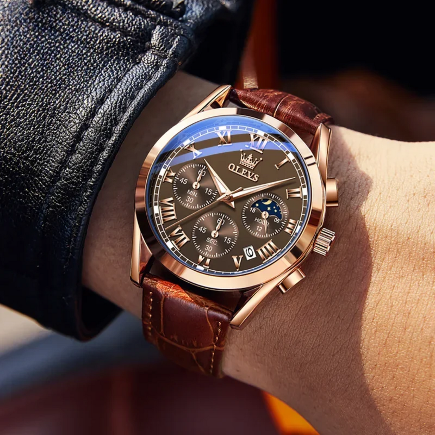Luxury Men’s Watch with Calendar and Moon Phase Display