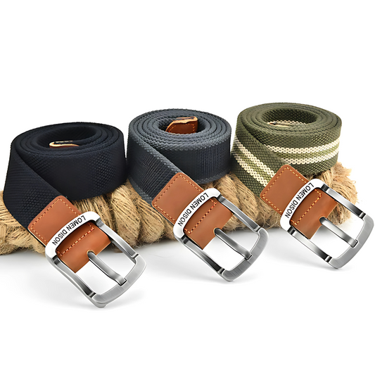 Men’s Woven Fabric Belt with Leather Trim and Metal Buckle – Adjustable and Durable
