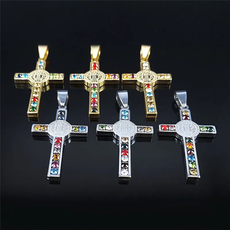 Colorful Gemstone Cross Pendant – Stainless Steel Necklace