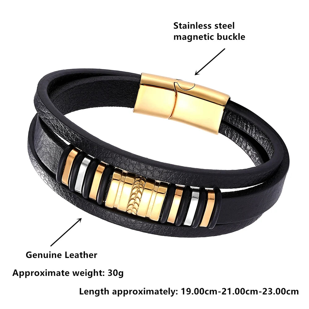 Men’s Leather Bracelet with Gold Accents – Modern Double Layer Design