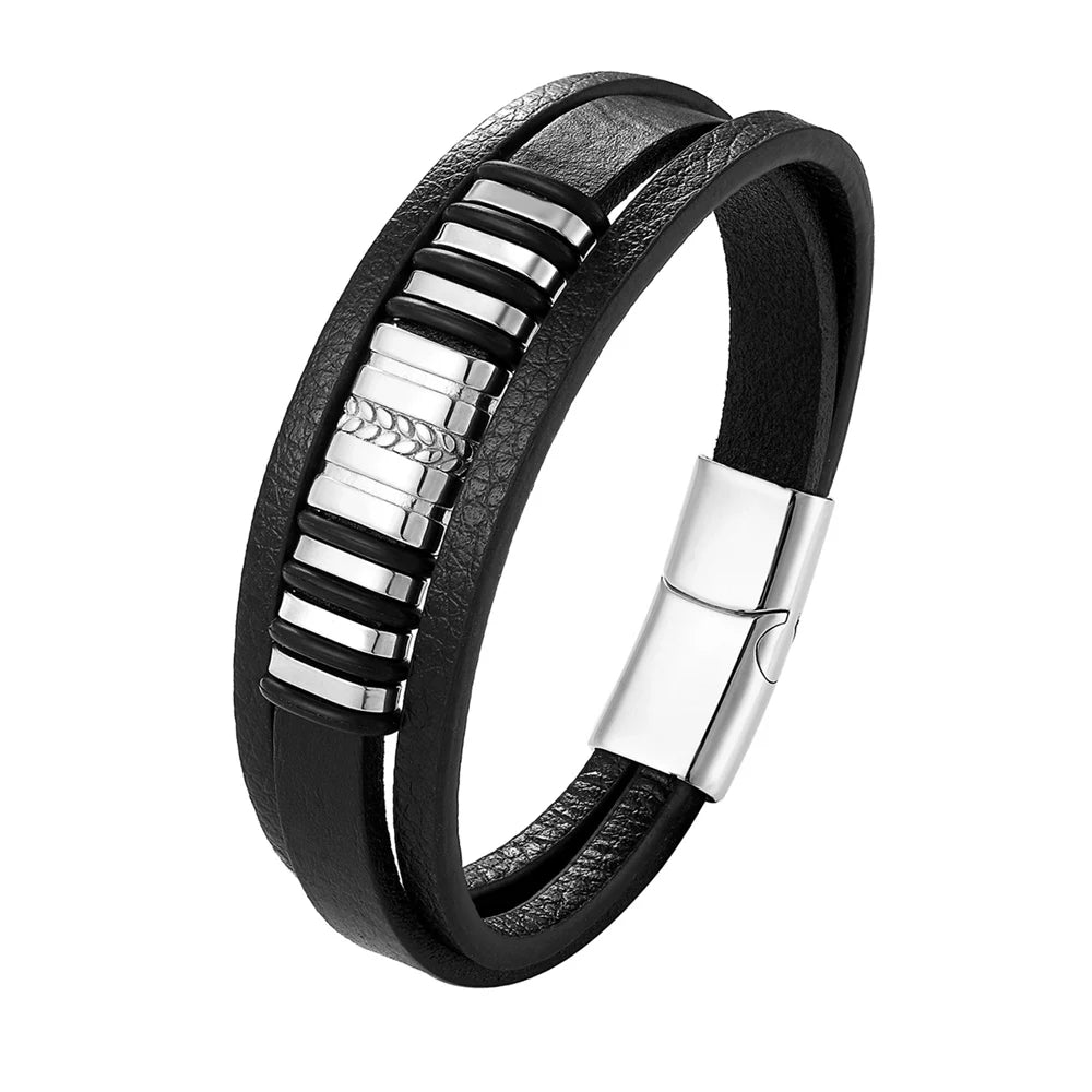 Men’s Leather Bracelet with Gold Accents – Modern Double Layer Design