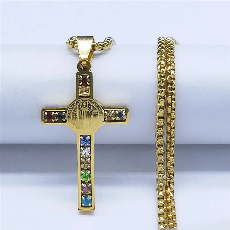 Colorful Gemstone Cross Pendant – Stainless Steel Necklace