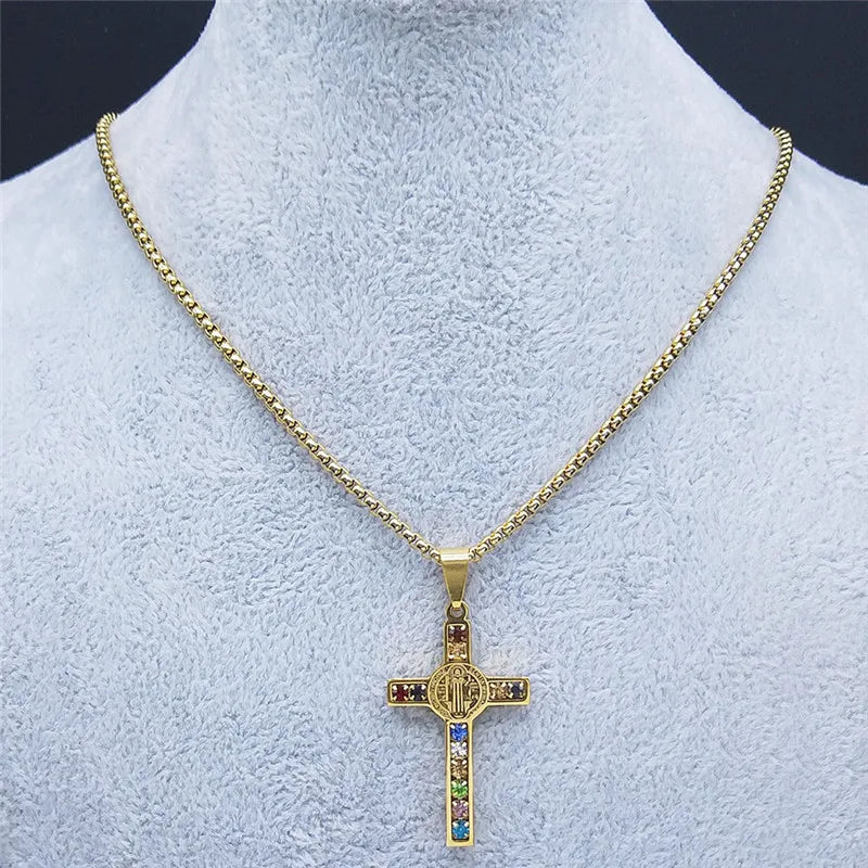 Colorful Gemstone Cross Pendant – Stainless Steel Necklace