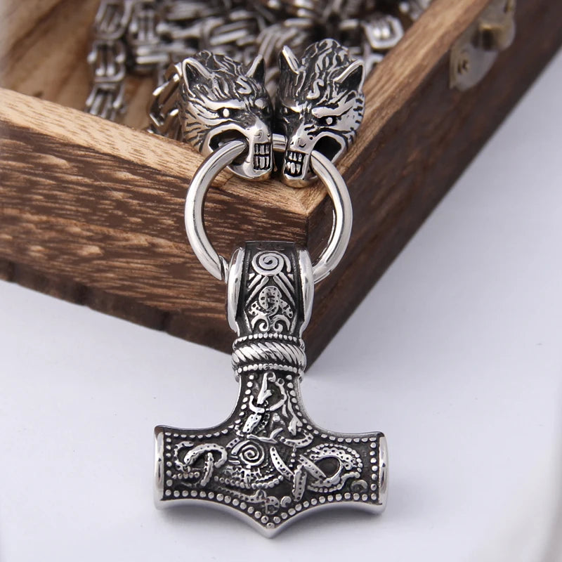 Men’s Viking Necklace – Thor’s Hammer with Wolves