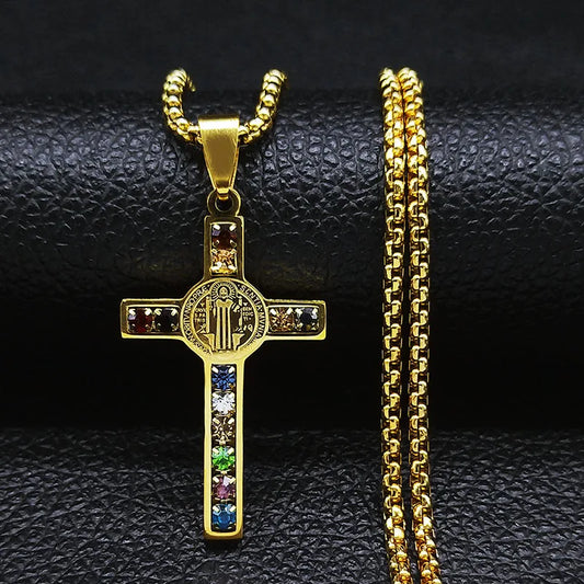 Colorful Gemstone Cross Pendant – Stainless Steel Necklace