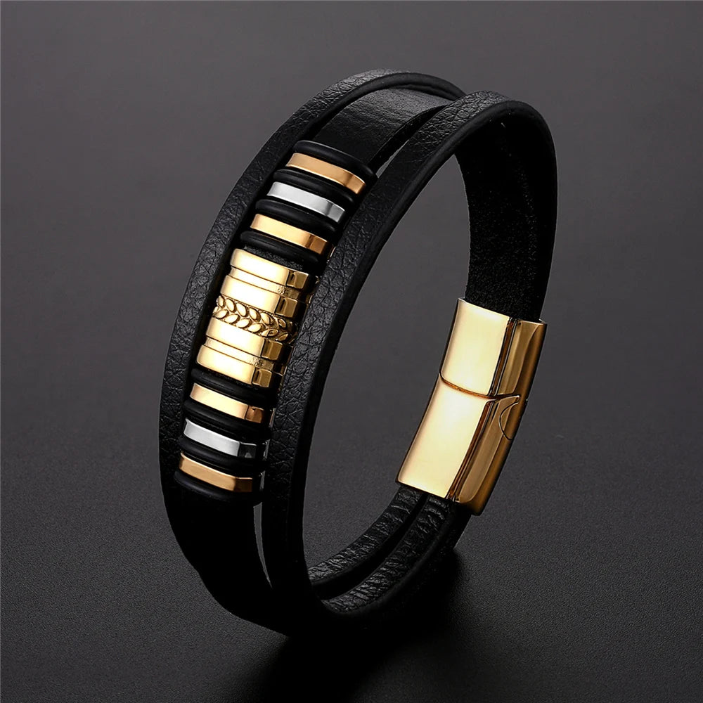 Men’s Leather Bracelet with Gold Accents – Modern Double Layer Design