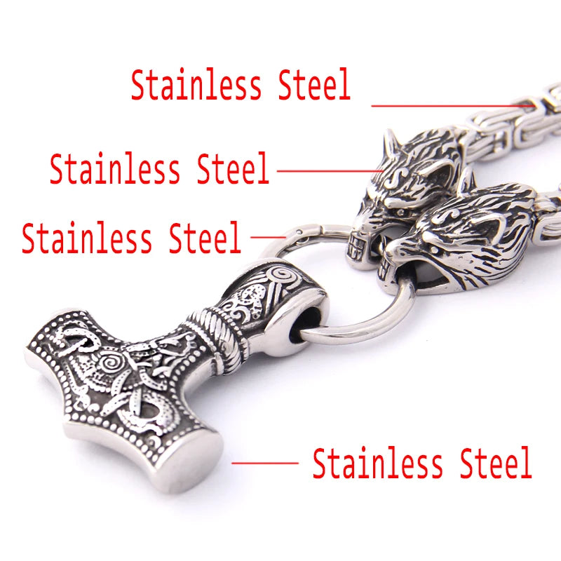 Men’s Viking Necklace – Thor’s Hammer with Wolves