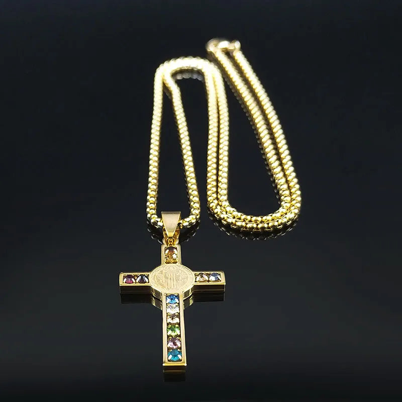 Colorful Gemstone Cross Pendant – Stainless Steel Necklace