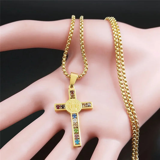 Colorful Gemstone Cross Pendant – Stainless Steel Necklace