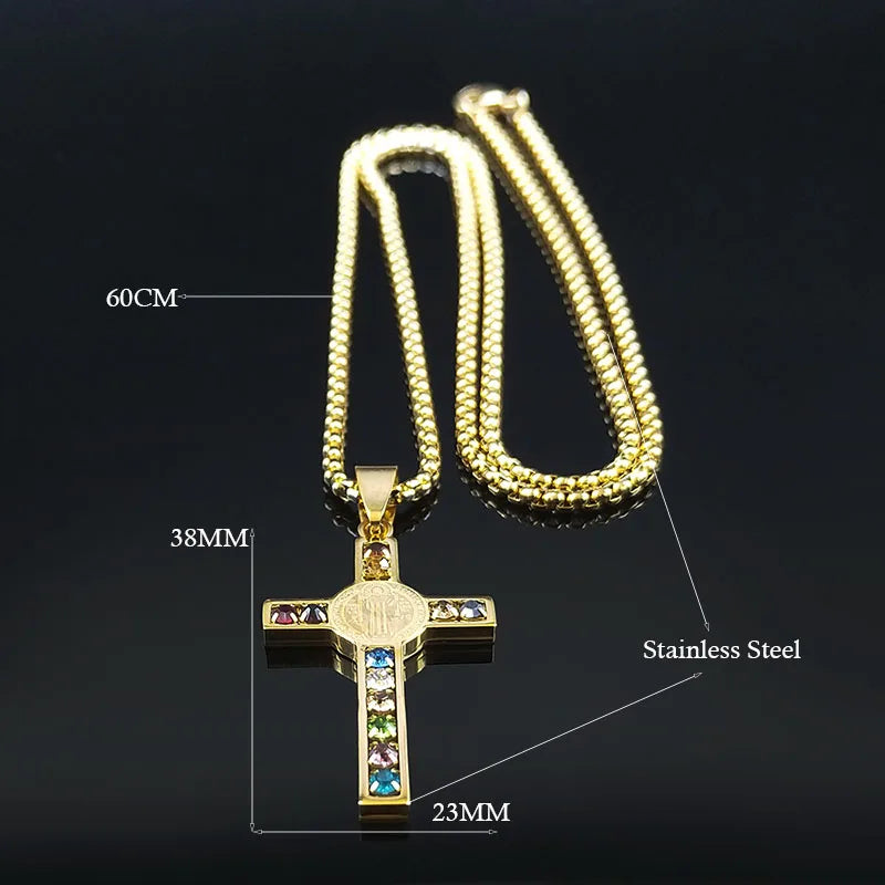 Colorful Gemstone Cross Pendant – Stainless Steel Necklace