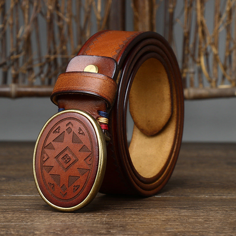 Men’s Leather Belt with Oval Buckle and Geometric Design