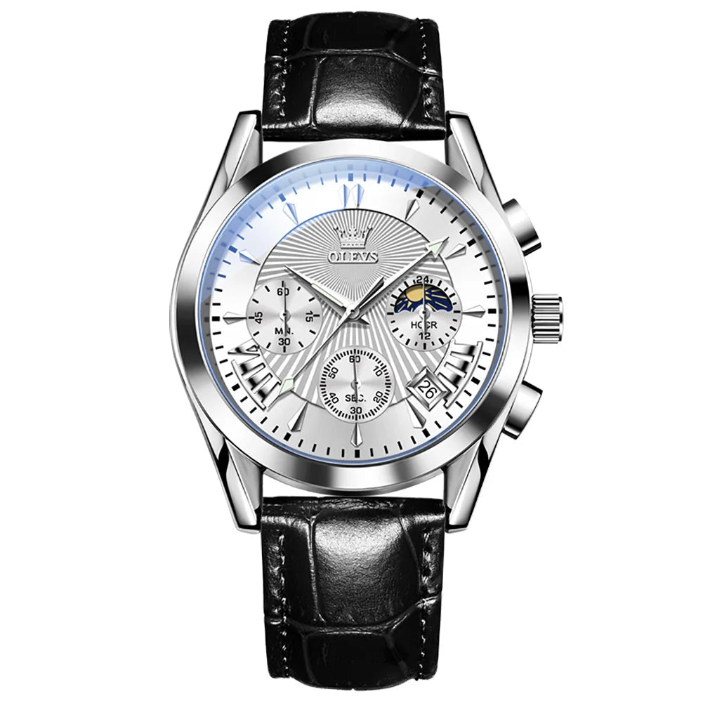 Men’s Luxury Chronograph Watch with Moon Phase and Leather Strap