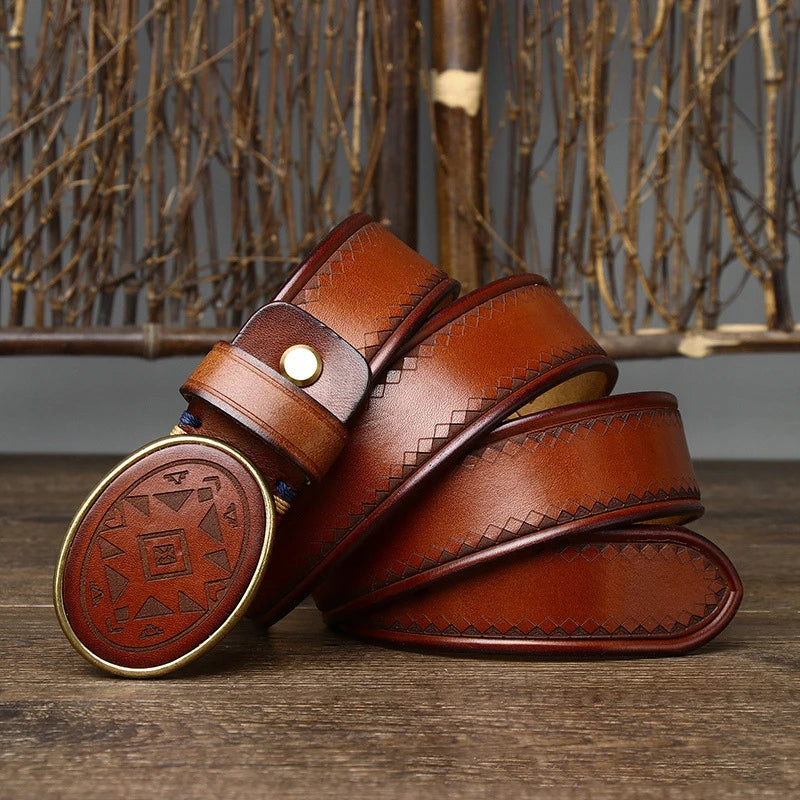 Men’s Leather Belt with Oval Buckle and Geometric Design