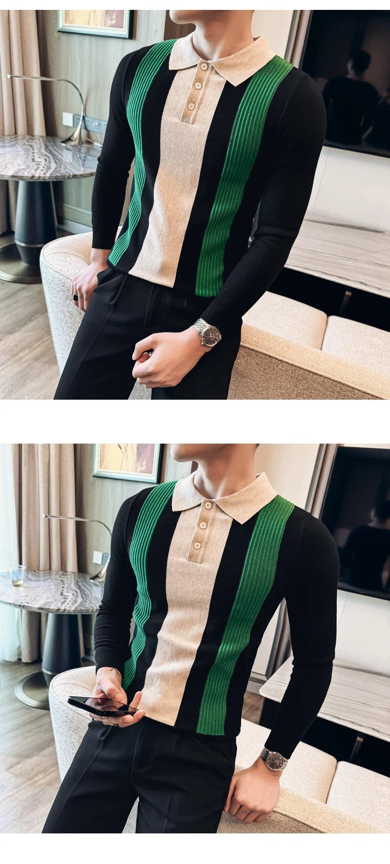 Men’s Retro-Style Long Sleeve Polo with Slim Fit