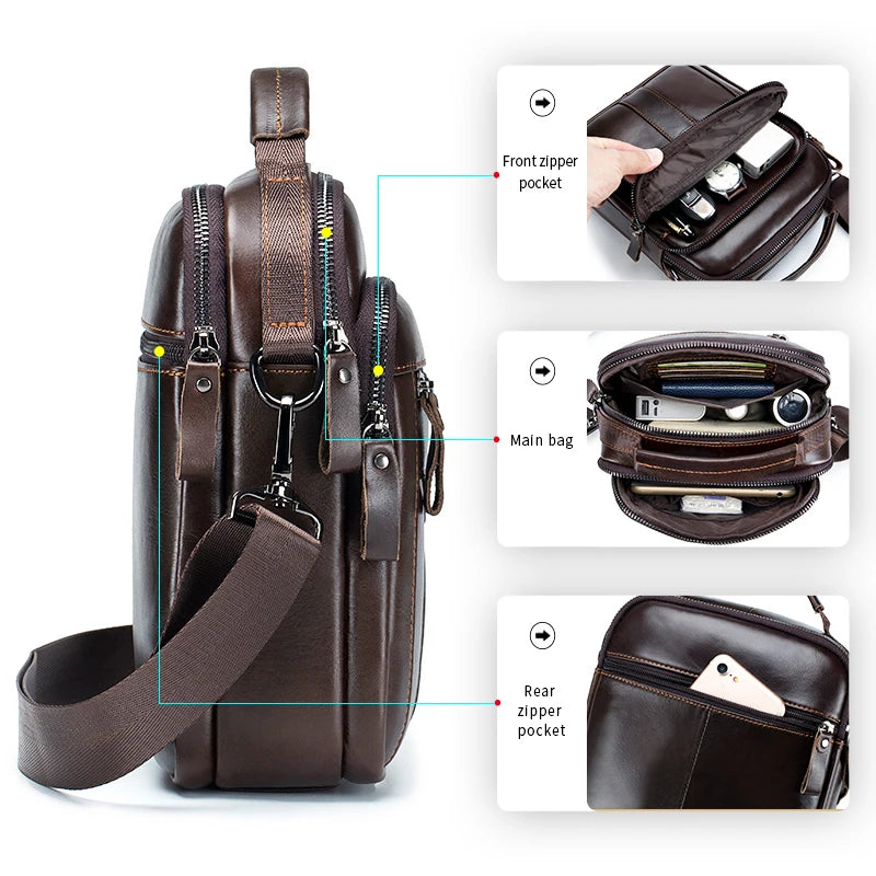 Men’s Vintage Leather Shoulder Bag – Small Crossbody Messenger with Multi-Pockets for Work, Travel & Daily Use