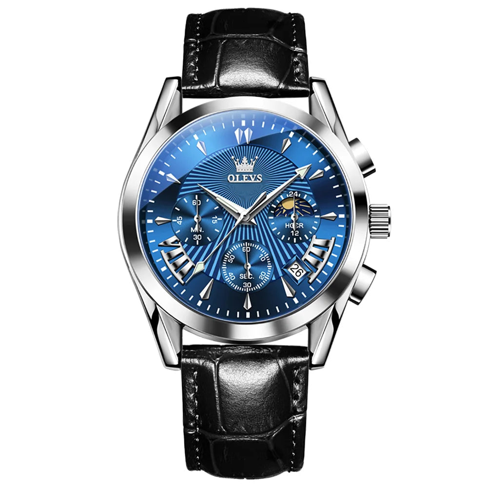 Men’s Luxury Chronograph Watch with Moon Phase and Leather Strap