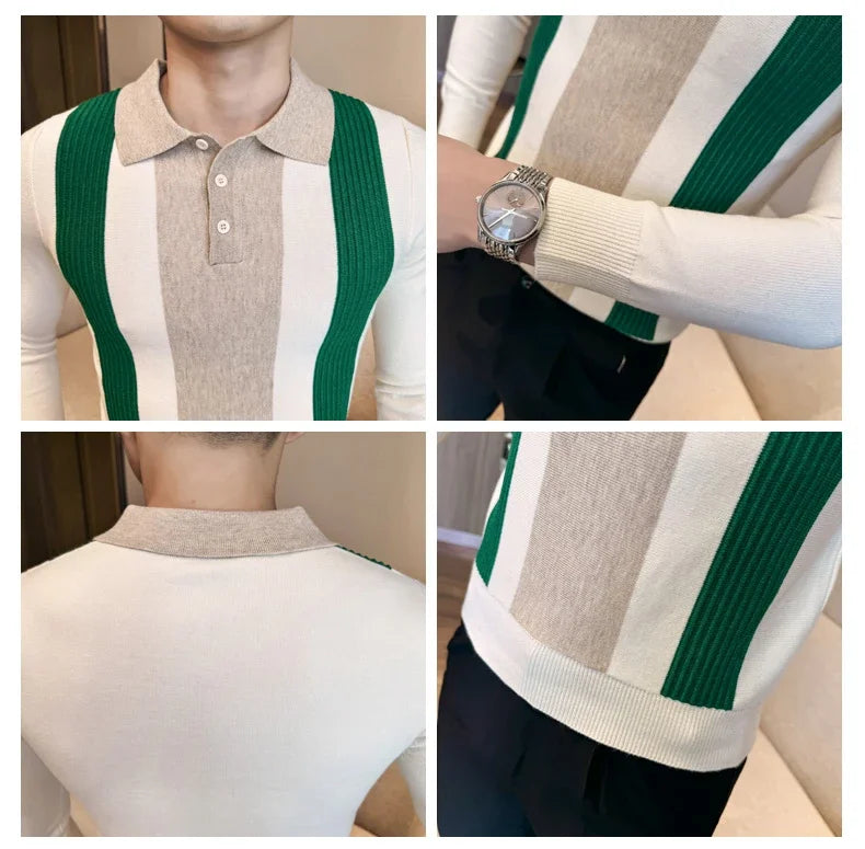 Men’s Retro-Style Long Sleeve Polo with Slim Fit