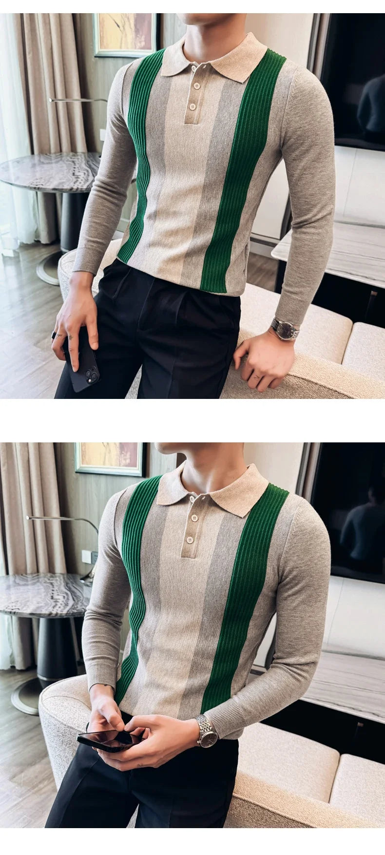 Men’s Retro-Style Long Sleeve Polo with Slim Fit
