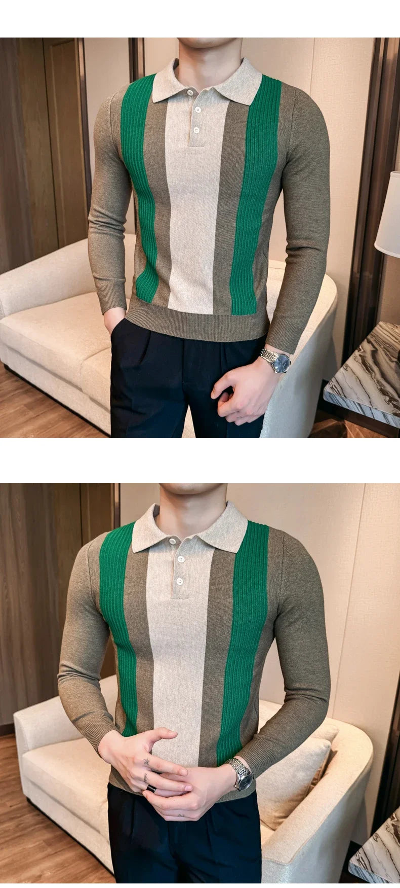 Men’s Retro-Style Long Sleeve Polo with Slim Fit