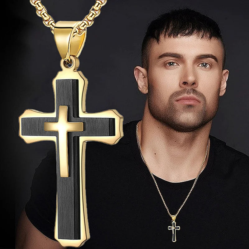 Modern Cross Pendant Necklace – Dual-Tone Stainless Steel