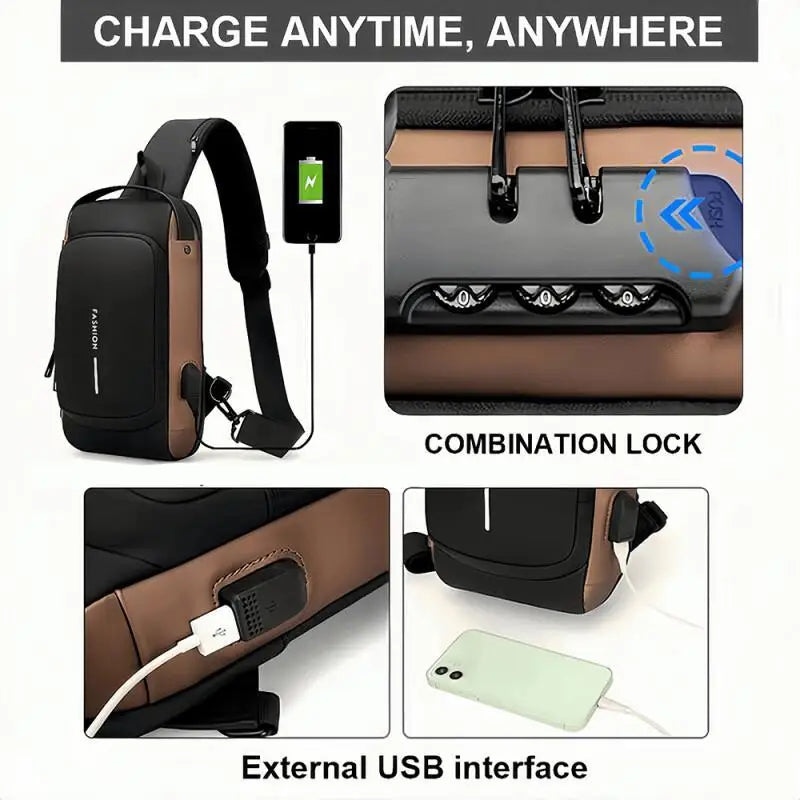 Men’s Anti-Theft Crossbody Sling Bag – USB Charging Chest Pack for Travel, Work & Everyday Carry