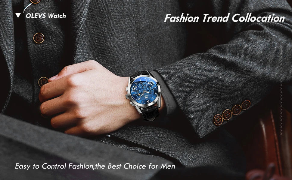 Men’s Luxury Chronograph Watch with Moon Phase and Leather Strap