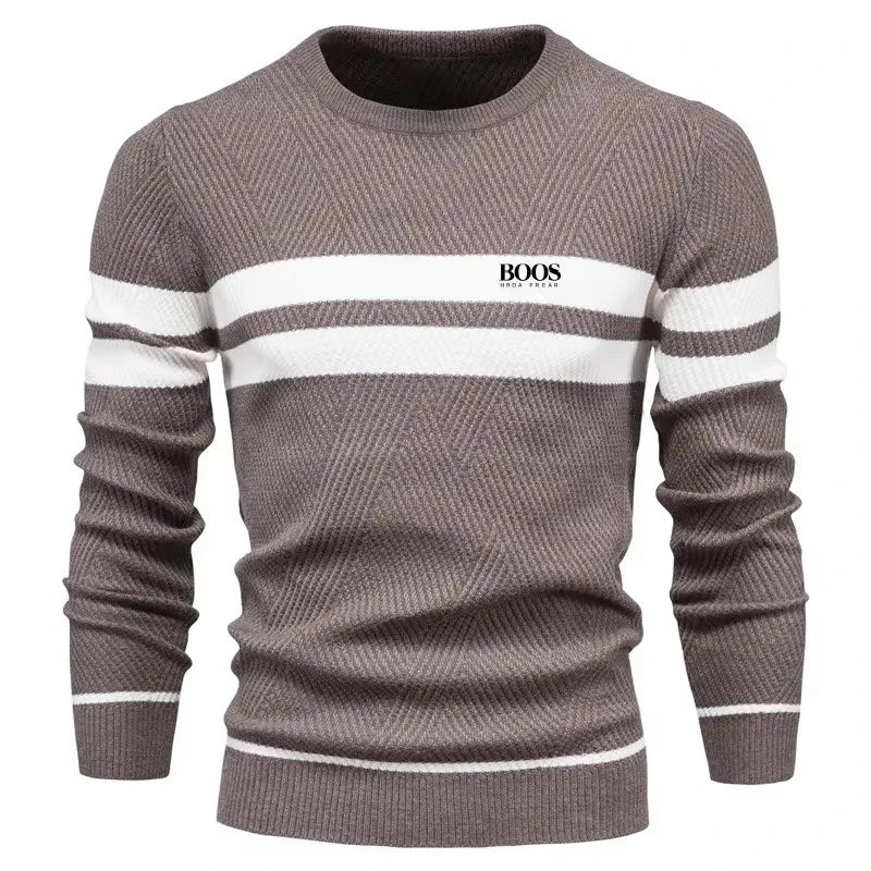Men’s Slim Fit Knit Sweater – Warm Patchwork Pullover with Crew Neck & Long Sleeves