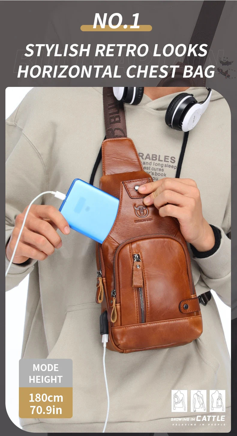 Bullcaptain Men’s Leather Sling Bag – USB Charging Crossbody Chest Pack for Travel, Work & Casual Use