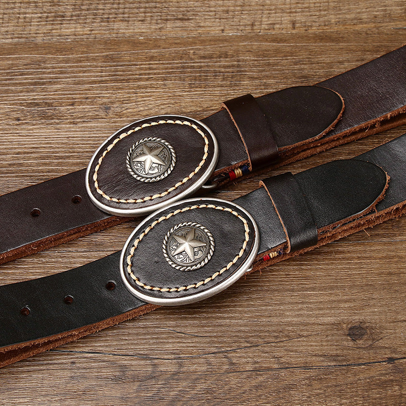 Men’s Leather Belt with Oval Star Buckle – Country Style