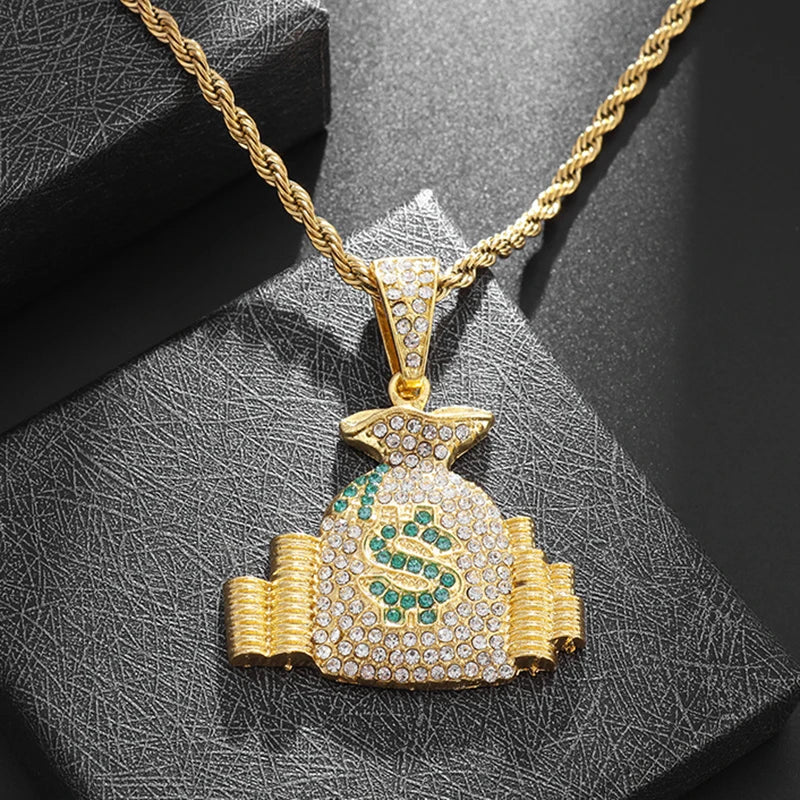 Men’s Hip Hop Necklace – Money Bag Pendant with Stones