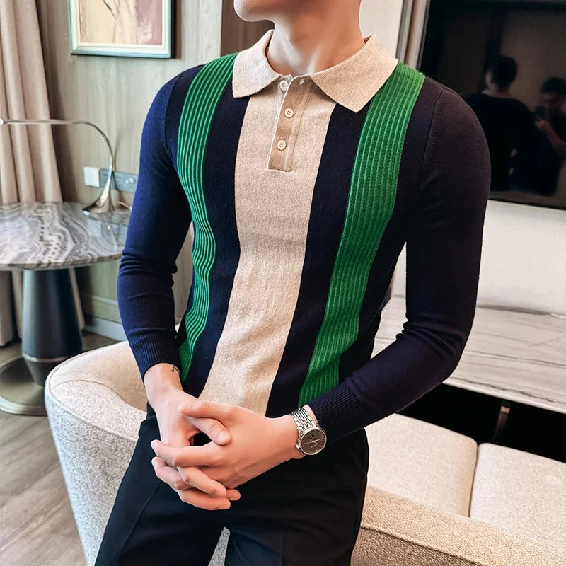 Men’s Retro-Style Long Sleeve Polo with Slim Fit