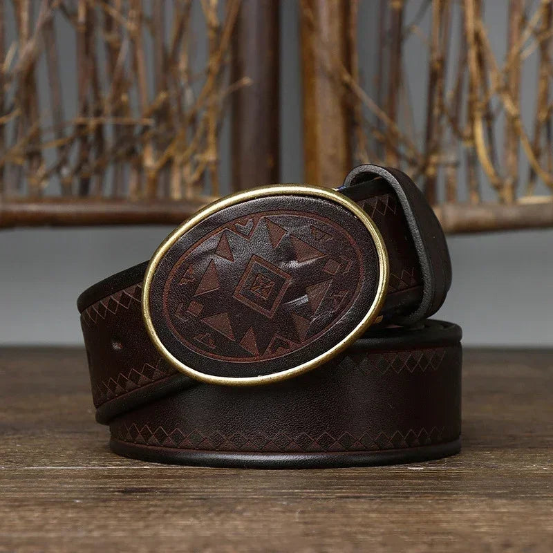 Men’s Leather Belt with Oval Buckle and Geometric Design