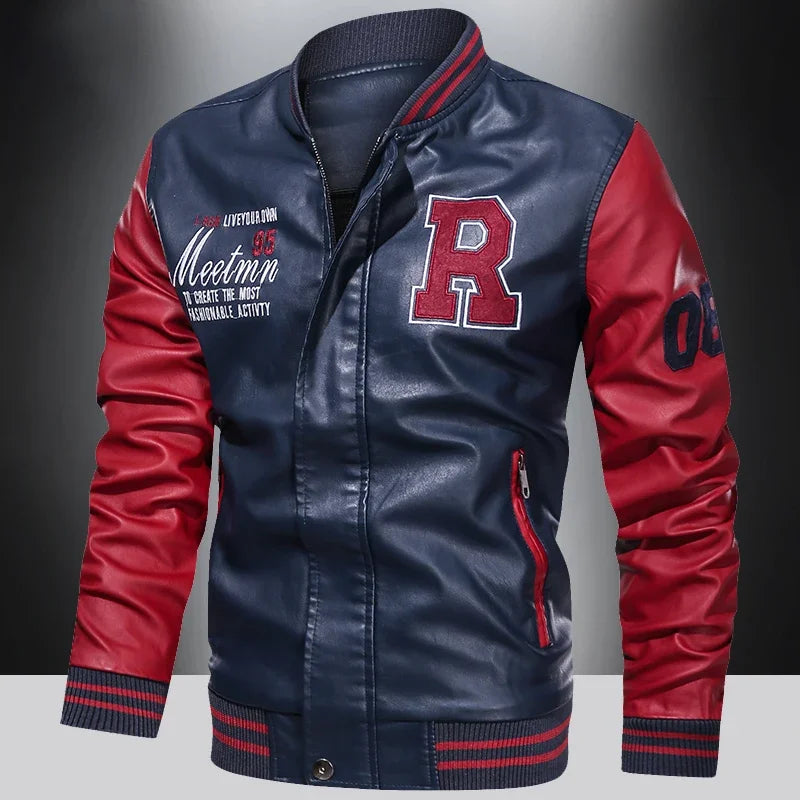Men’s “R Varsity” Leather-Style College Jacket with Contrast Sleeves