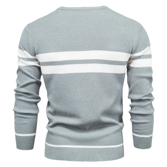 Men’s Slim Fit Knit Sweater – Warm Patchwork Pullover with Crew Neck & Long Sleeves
