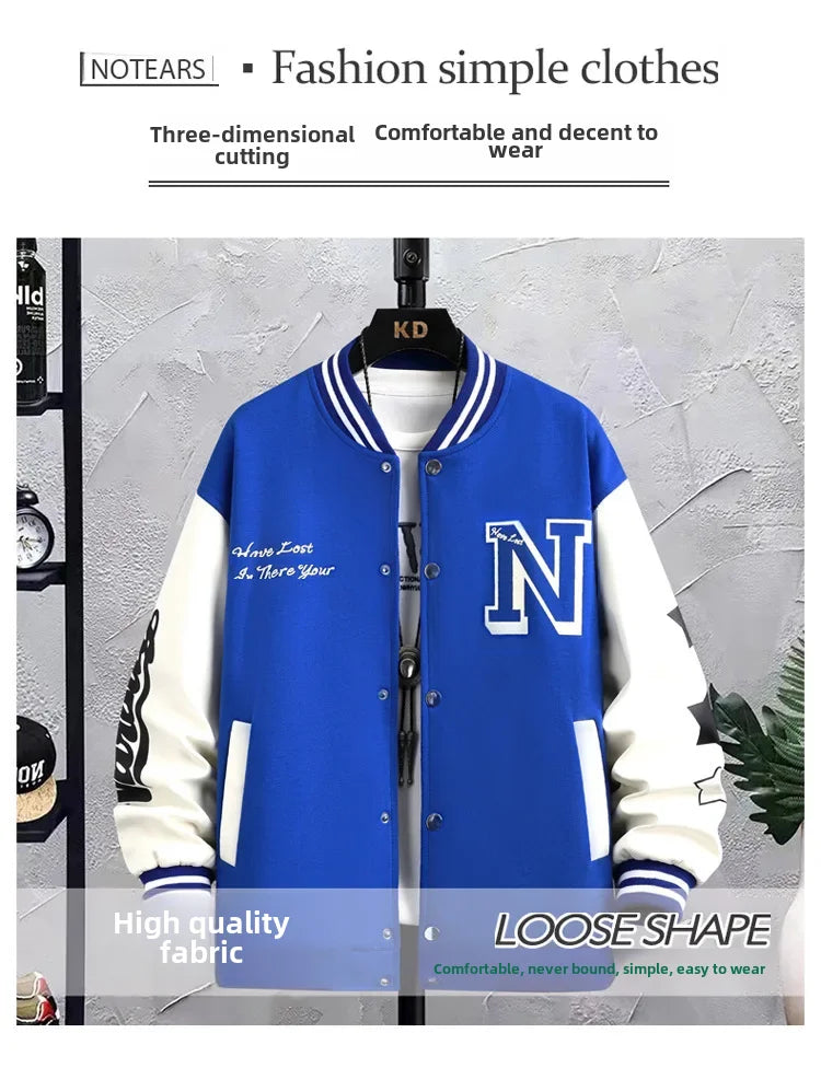 Men’s Varsity College Jacket with Embroidered Details and Snap Button Closure