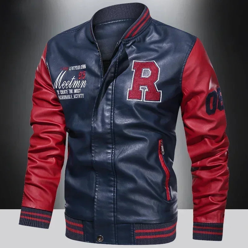Men’s “R Varsity” Leather-Style College Jacket with Contrast Sleeves