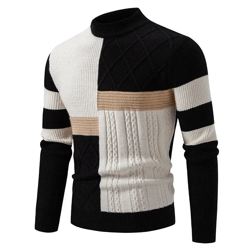 Men’s Slim Fit Patchwork Knit Sweater – Modern Textures for Smart Casual Looks