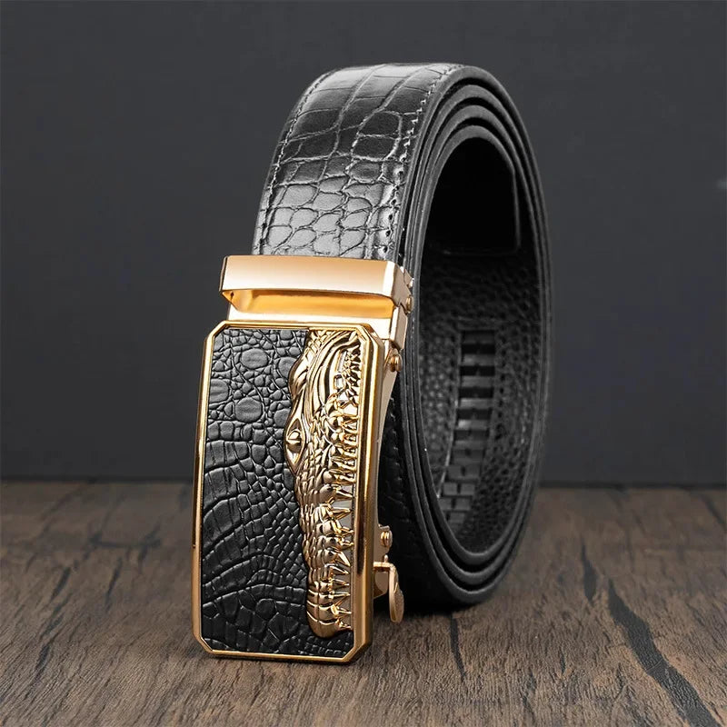 Men’s Automatic Buckle Leather Belt with Crocodile Texture – Elegant and Adjustable