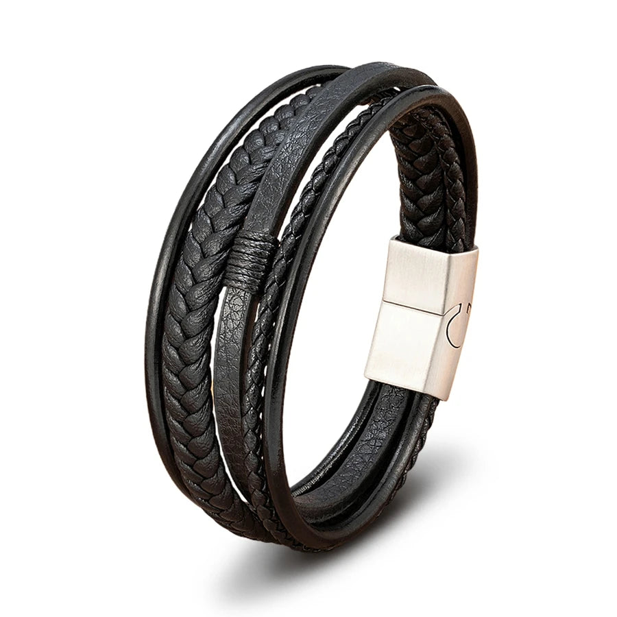 Men’s Triple Braided Leather Bracelet with Magnetic Clasp
